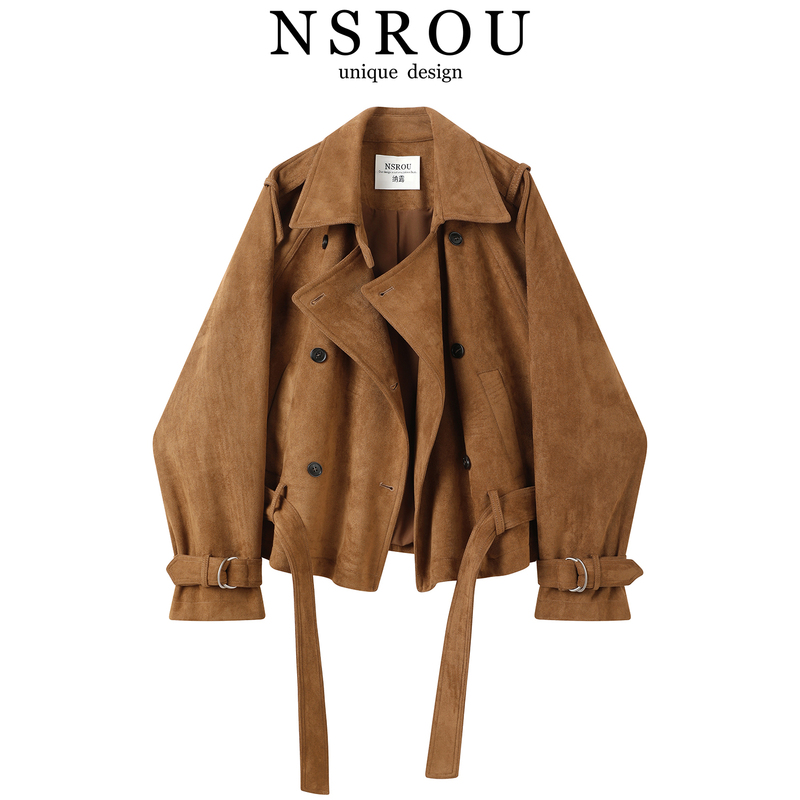 American Old Money Style Retro Lapel Short Suede Jacket for Women, Versatile and Slimming with a Tie, Biker Jacket Top for Autumn American Old Money Style Retro Lapel Short Suede Jacket for Women, Versatile and Slimming with a Tie, Biker Jacket Top for Autumn