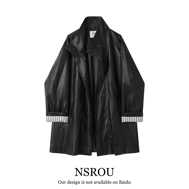 Nsrou American Retro Mid-Length Loose Casual Black Leather Jacket Women's Autumn and Winter Stand-Up Collar Windbreaker Jacket