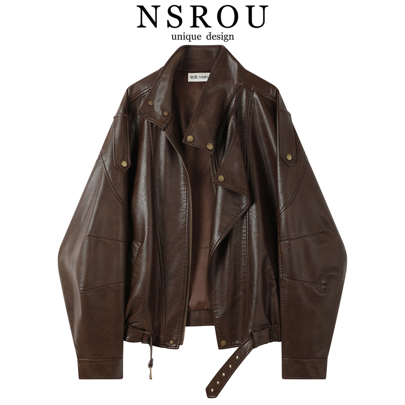 American Old Money Style Retro Brown Stand-Up Collar Leather Jacket for Women, Autumn Short Loose Versatile Flight Biker Jacket American Old Money Style Retro Brown Stand-Up Collar Leather Jacket for Women, Autumn Short Loose Versatile Flight Biker Jacket