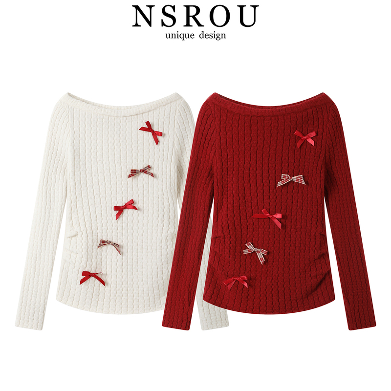 Fashionable and Stylish One-Shoulder Red New Year's Knitted Sweater for Women, Spring and Autumn Off-Shoulder Slim-Fit Short Top Fashionable and Stylish One-Shoulder Red New Year's Knitted Sweater for Women, Spring and Autumn Off-Shoulder Slim-Fit Short Top