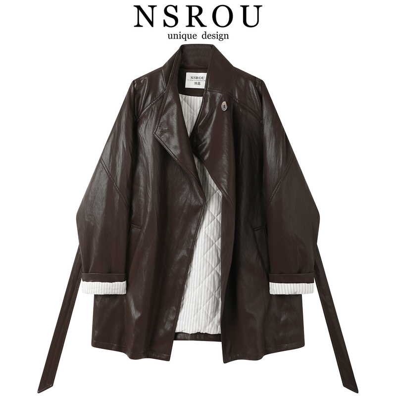 Mid-Length Retro Melard High-End Quilted Stand-Collar Coffee-Colored Leather Jacket for Women, Autumn and Winter Jacket and Windbreaker Mid-Length Retro Melard High-End Quilted Stand-Collar Coffee-Colored Leather Jacket for Women, Autumn and Winter Jacket and Windbreaker