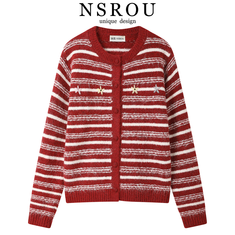 French-Style Vintage Floral Embroidery Striped Red New Year Cardigan Sweater for Women, Spring Slim-Fit Designer Knitwear Jacket French-Style Vintage Floral Embroidery Striped Red New Year Cardigan Sweater for Women, Spring Slim-Fit Designer Knitwear Jacket