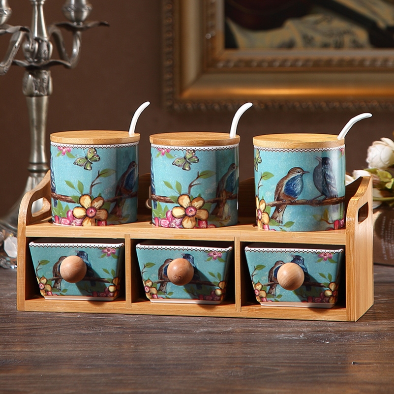 Kitchen ceramic seasoning box set glass oil bottle creative household double-layer seasoning jar salt shaker soy sauce bottle combination