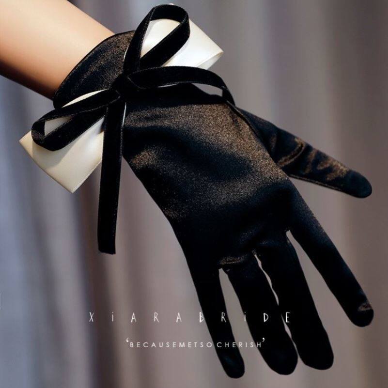 Gloves Advanced Sensational Style Retro Elegant Satin Black Gloves Sweetness Butterfly Knot Bridal Wedding Gown Accessories