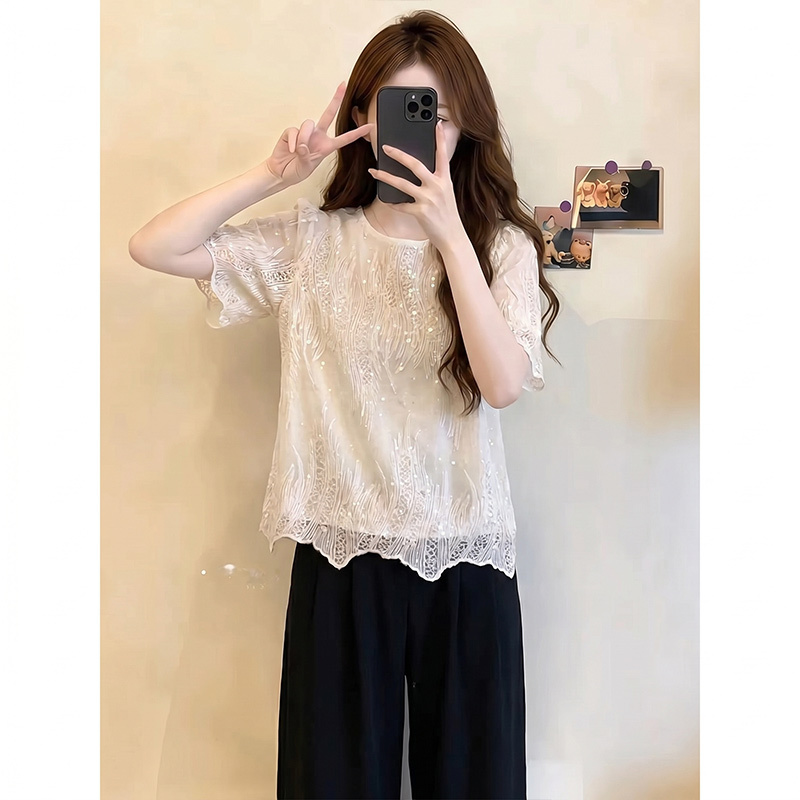 Round Neck Short-Sleeved Sequined Embroidered Lace Blouse 2026 New Summer Style Women's Clothing with Gentle Temperament and Slimming Effect