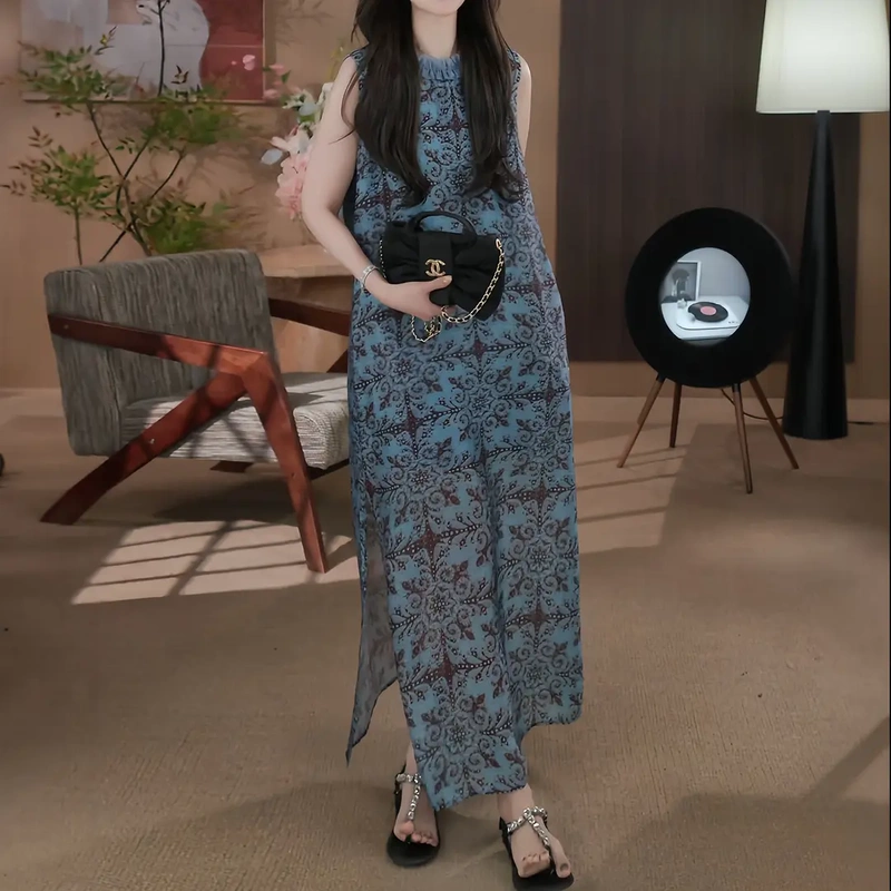 2026 Summer Fashion Retro Resort Style Stunning High-End Printed Sleeveless Slim-Fit Dress 2026 Summer Fashion Retro Resort Style Stunning High-End Printed Sleeveless Slim-Fit Dress
