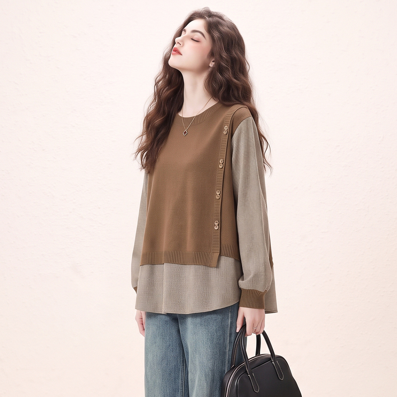 Fake Two-Piece Long-Sleeve Sweatshirt for Women, 2026 Spring and Autumn New Style, Loose Fit, Slimming, Covers the Body, Round Neck Top, Popular for Petite Sizes Fake Two-Piece Long-Sleeve Sweatshirt for Women, 2026 Spring and Autumn New Style, Loose Fit, Slimming, Covers the Body, Round Neck Top, Popular for Petite Sizes