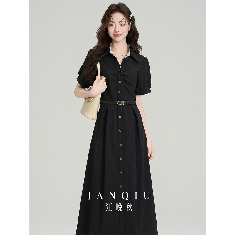 Jiang Wanqiu French Retro Style Teacher Qualification Interview Shirt Dress for Women, New Summer Hepburn-Style Little Black Dress with a High-End Feel Jiang Wanqiu French Retro Style Teacher Qualification Interview Shirt Dress for Women, New Summer Hepburn-Style Little Black Dress with a High-End Feel