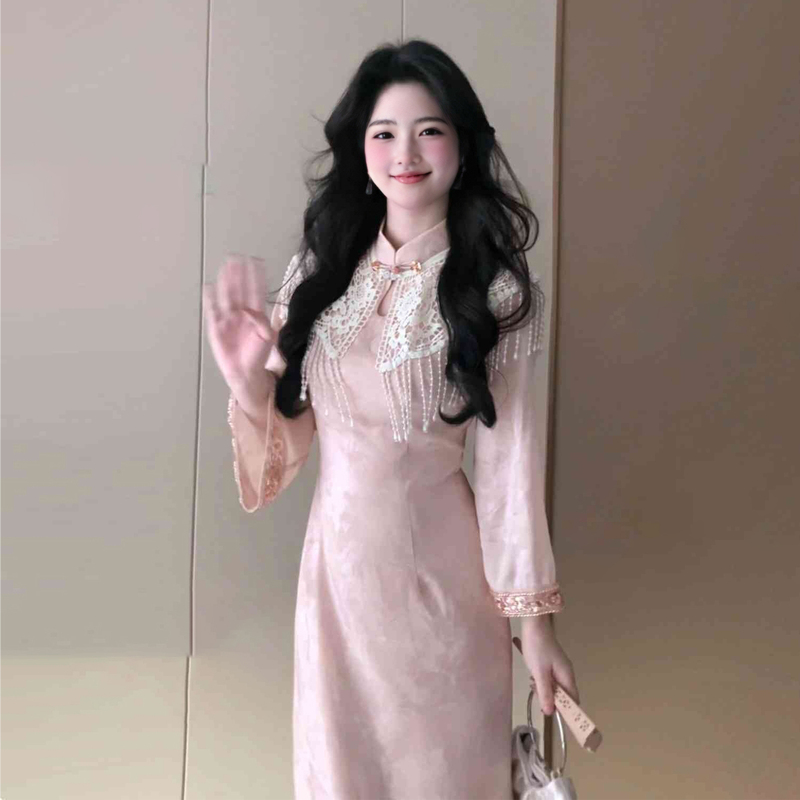 Gentle Style, Unique, Beautiful, Super Pretty Dress, Elegant and High-End Feel, Improved Cheongsam, Pink Long Dress, 2026 Autumn