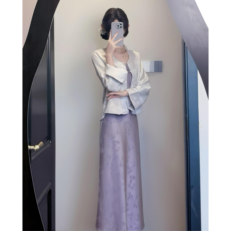 Chinese-Style Jacquard Purple Slip Dress for Formal Occasions, Elegant and Graceful, Waist-Cinching, Long Dress with a Refined Temperament