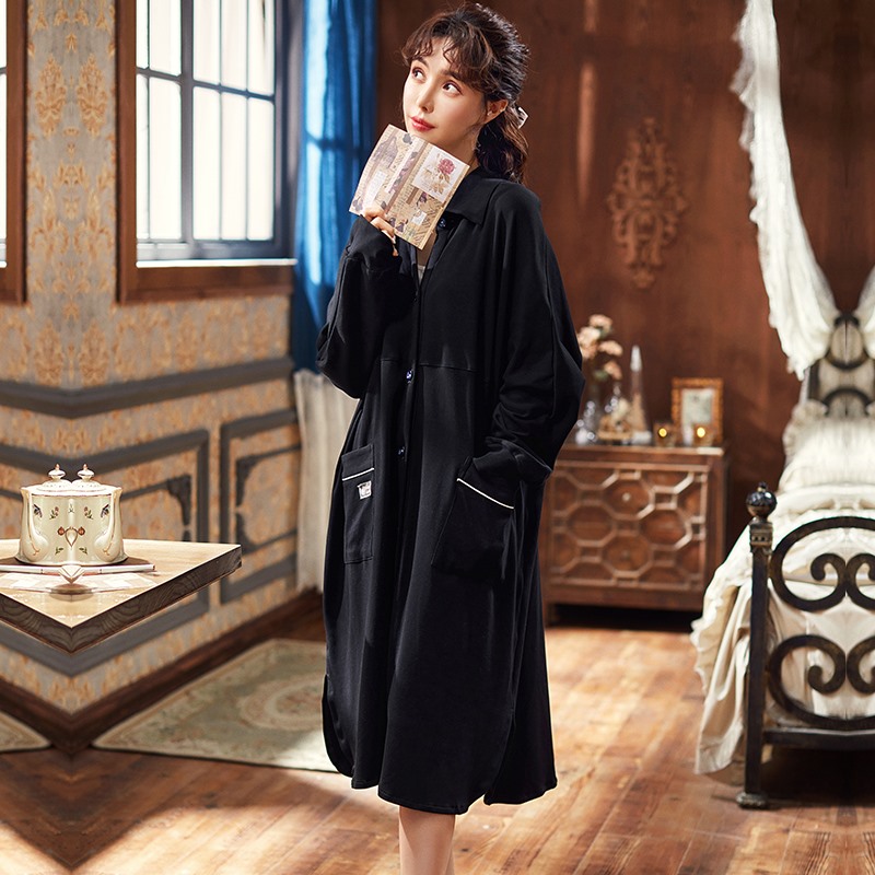 Sandro Vicari light luxury cotton cardigan lapel nightdress women's long-sleeved generous long skirt casual breathable home