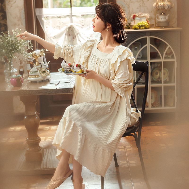 Sandro Vicari light luxury autumn and winter cotton round neck pajamas long skirt comfortable breathable nightdress sweet home wear