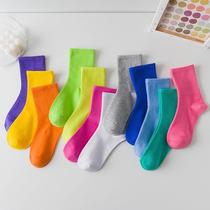 Color Socks Female Midbarrel Socks ins Chains Candy Color Green Fluorescent Color Pure Cotton Korea Spring Summer Autumn Stockings