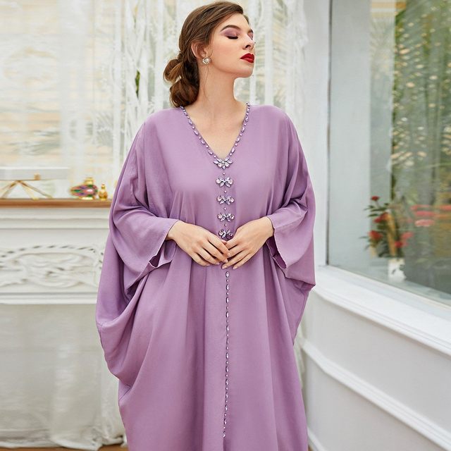 2022 new nail diamond solid color large size loose bat shirt long skirt robe Islamic Dubai Dresses