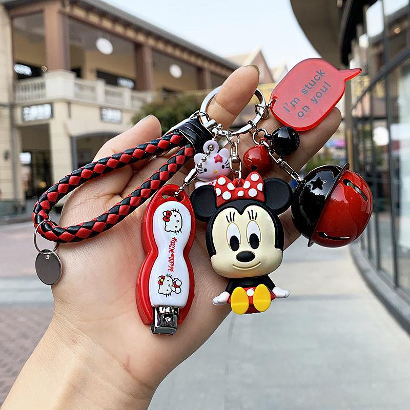 Korea Creative Cartoon Minnie Mickey Key Button Pendant Woman Little Bear Vini Cute Bell Key Chain Car Hanging Accessories