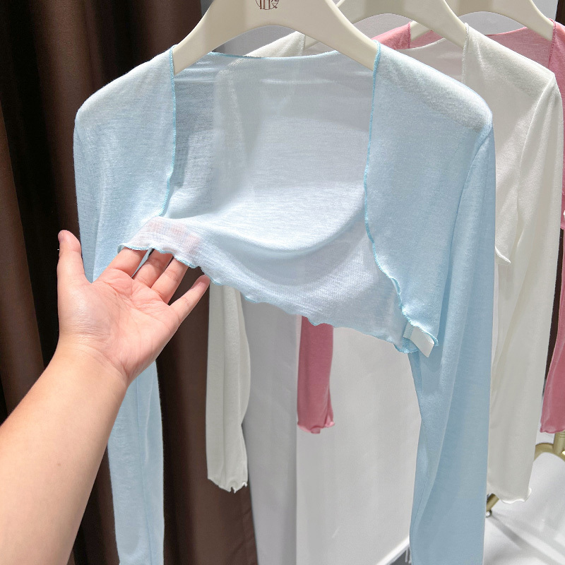 Blue Ice Silk Short Cardigan for Women in Summer with Suspender Skirt and Sun Protection Shawl Thin Fungus-Edged Slightly See-Through Top Blue Ice Silk Short Cardigan for Women in Summer with Suspender Skirt and Sun Protection Shawl Thin Fungus-Edged Slightly See-Through Top