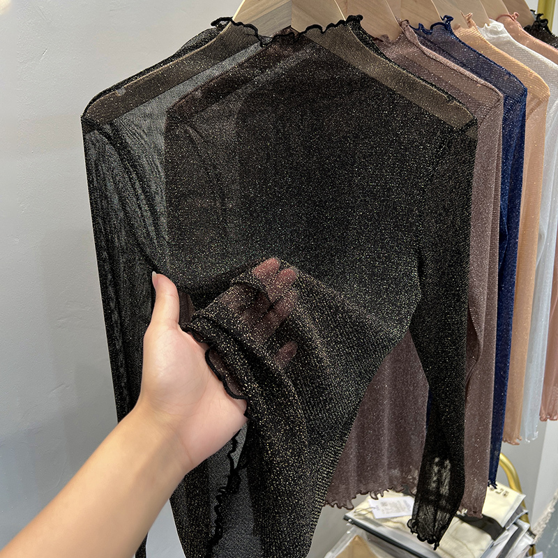 Black Lace Base Shirt for Women 2024 New Style with Ruffled Edges, Shiny Mesh Long-Sleeve Top with a High-End Feel for Autumn and Winter