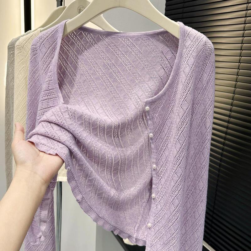 Purple Knitted Cardigan, Chanel-Style Jacket, Long-Sleeved Hollow-Out Top Paired with a Slip Dress, Sun-Protective Outerwear, Cheongsam Shawl for Women Purple Knitted Cardigan, Chanel-Style Jacket, Long-Sleeved Hollow-Out Top Paired with a Slip Dress, Sun-Protective Outerwear, Cheongsam Shawl for Women
