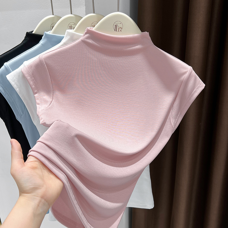 Half-High Collar Ice Silk Sleeveless T-Shirt for Women, Short Summer Style, Slim Fit Tank Top, 2026 New Style, Small Flutter Sleeve Top, Thin Half-High Collar Ice Silk Sleeveless T-Shirt for Women, Short Summer Style, Slim Fit Tank Top, 2026 New Style, Small Flutter Sleeve Top, Thin