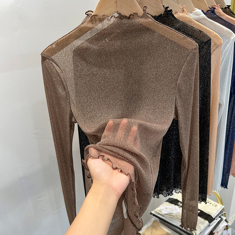 Half-High Collar Shiny Mesh Base Shirt for Women, Thin Gauze Shirt, Slim Fit Long-Sleeve Coffee-Colored Inner Wear T-Shirt, Transparent Lace Top