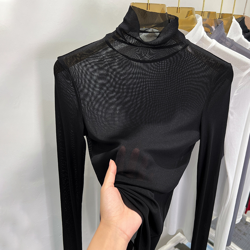 See-Through High-Neck Black Transparent Mesh Base Shirt for Women, Long-Sleeved Layered Inner Wear, Slim-Fit Lace Top