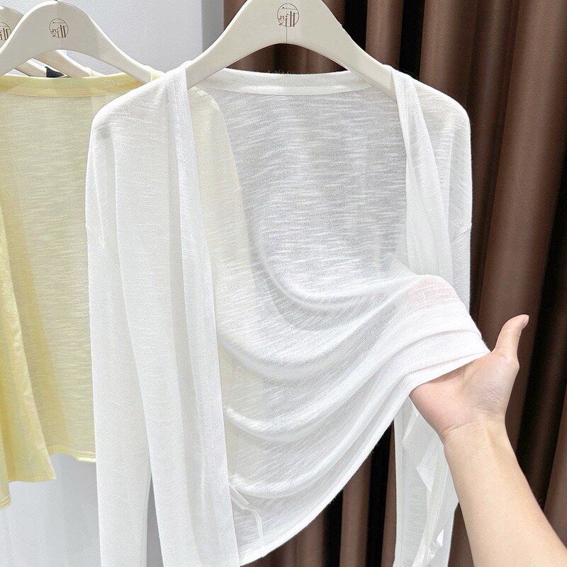 White Knitted Ice Silk Cardigan, Thin Jacket Paired with a Slip Dress, Summer Beach Cover-Up, Sun Protection Shawl, Women's Long Outerwear White Knitted Ice Silk Cardigan, Thin Jacket Paired with a Slip Dress, Summer Beach Cover-Up, Sun Protection Shawl, Women's Long Outerwear