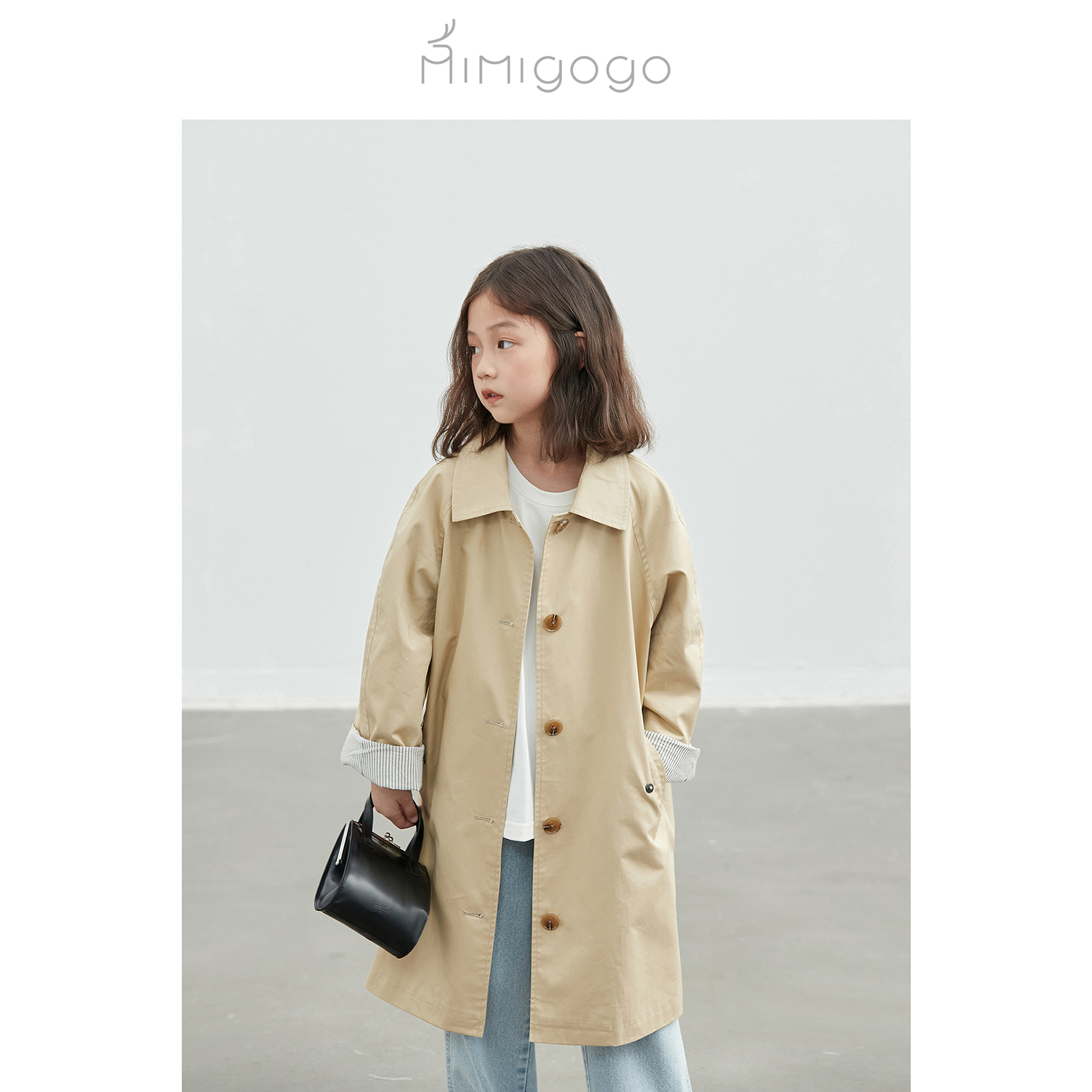 MIMIGOGO classic simple quality cotton boys and girls children's long version spring and autumn trench coat 1A01