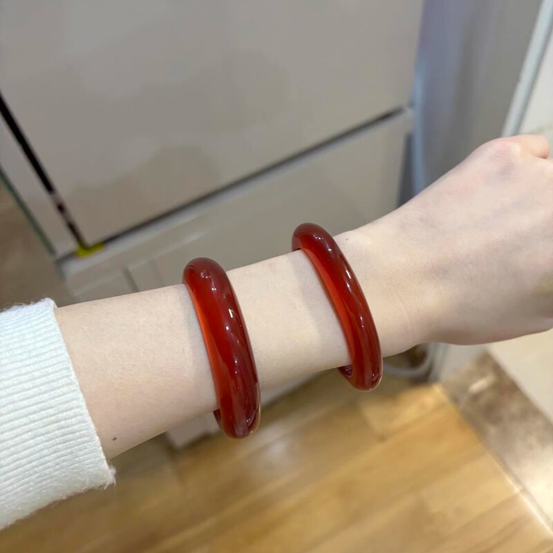 Natural Genuine Red Agate Bracelet, Red Chalcedony Bracelet, Red Jade Bracelet for the Year of Birth, Medium-Wide Red Bracelet for Women