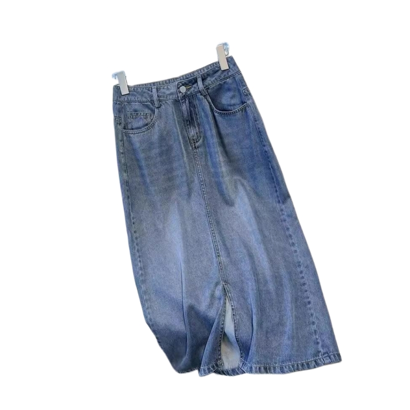 Fitted silk denim summer thin long skirt, A-line, high waist, mid-length Fitted silk denim summer thin long skirt, A-line, high waist, mid-length