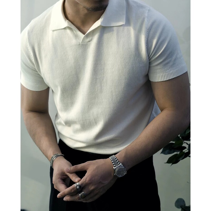 Chaimima Polo Knitwear T-Shirt Men's Casual Cotton Pure Color Lapel Slim Short-Sleeved American Retro Summer