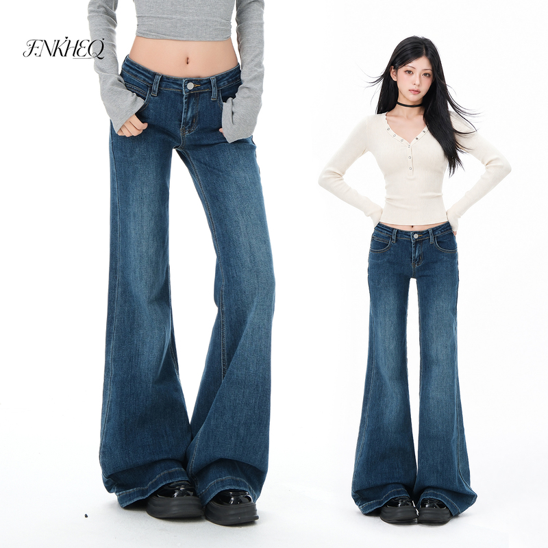Fnkheq Dark Blue Low-Waist Flared Jeans for Women 2026 Autumn New Retro Stretchy Hot Girl Straight-Leg Bell-Bottom Pants