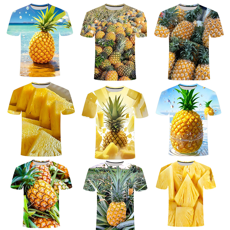 Summer New 3D Fruit and Vegetable Pineapple Pattern T-Shirt, Creative and Funny Round-Neck T-Shirt for Men and Women