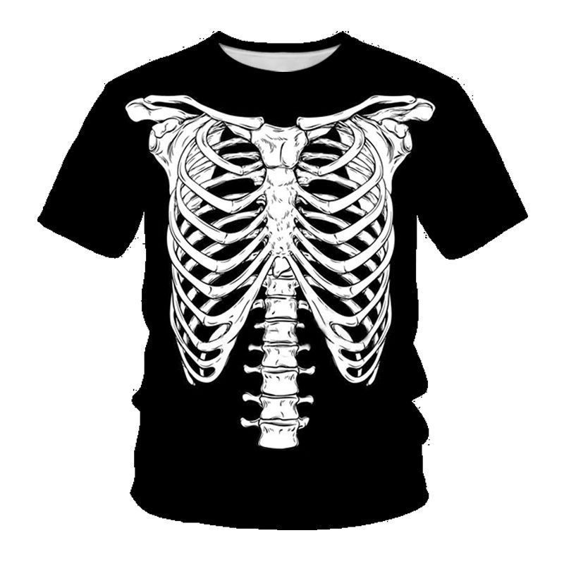 Horror-Themed Skeleton T-Shirt for Men, Vintage Human Skeleton Short-Sleeve American-Style Internal Organs 3D Printed Skeleton Clothing, Casual