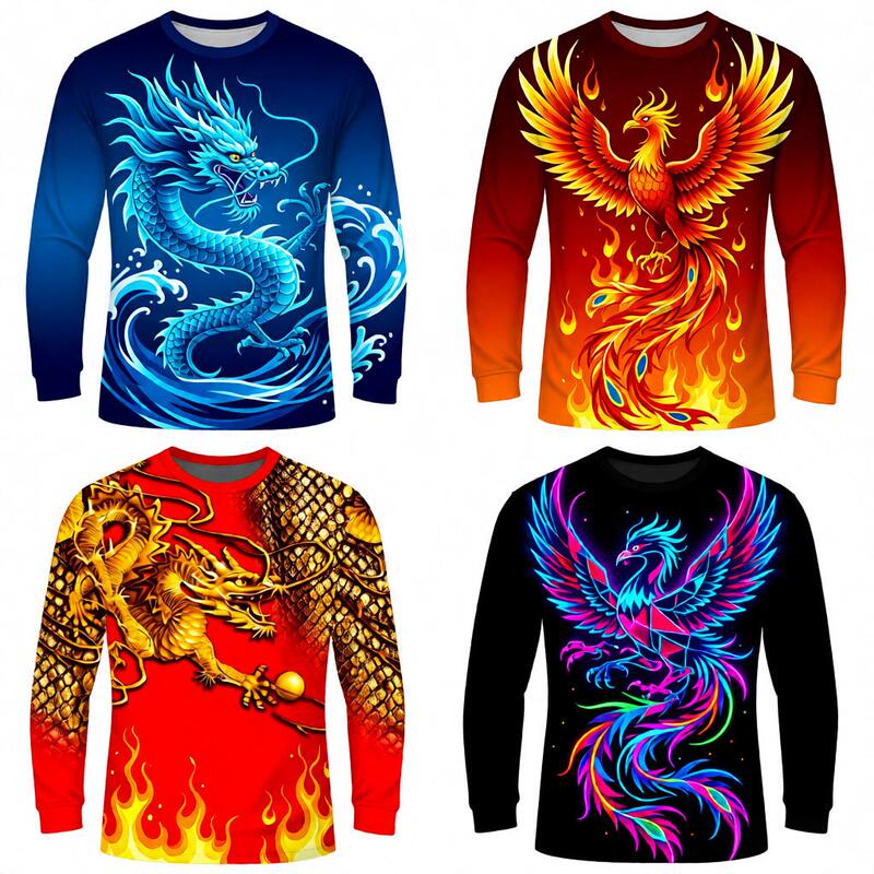 New Men's Long-Sleeve T-Shirt for Spring, Autumn, and Winter, Casual Round Neck, Versatile Print, Oversized Dragon and Phoenix Loose T-Shirt, Trendy for Men