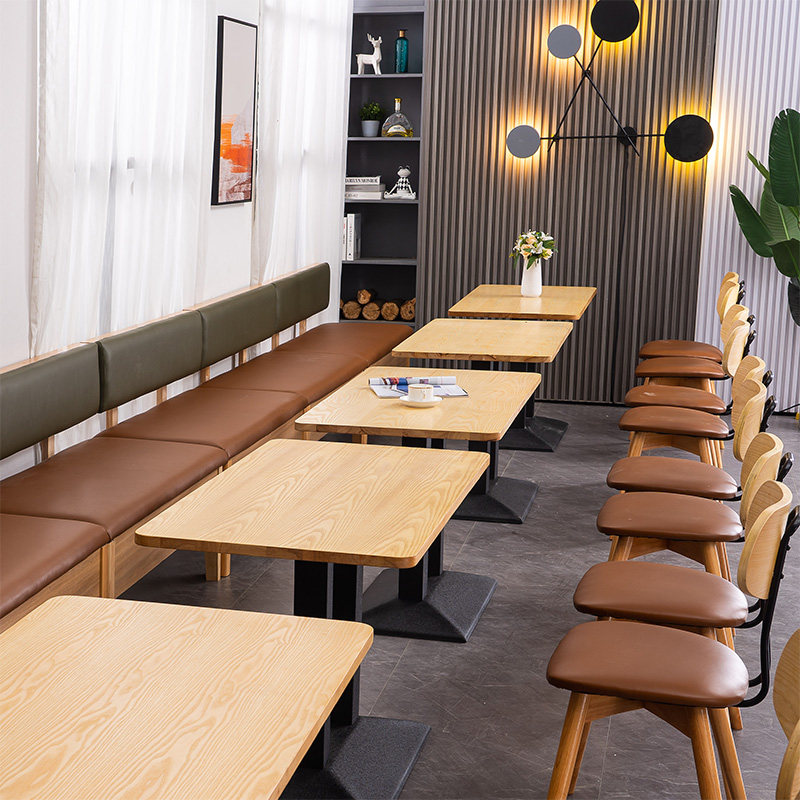 Milk Tea Shop Card Seat Table and Chair Combination Dessert Cafe Restaurant Hot Pot Dining Leisure Solid Wood Soft Pack Sofa Stool Solid Wood