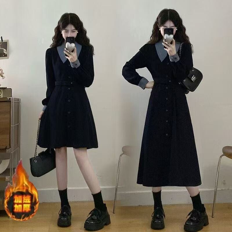 Plus Size Women's Clothing, French-Style Lapel, Color-Blocking, Long-Sleeved Dress with Fleece Lining, Thickened, Elegant and Slimming Long Dress