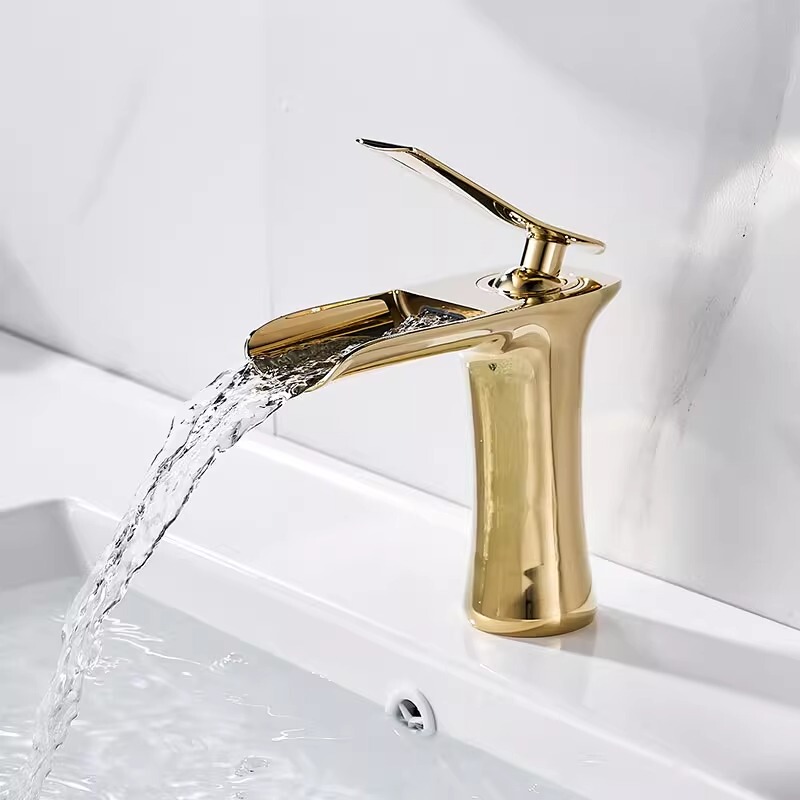 French Minimalist All-Copper Waterfall-Style Bathroom Sink Faucet, Countertop Basin Hot and Cold Golden Faucet