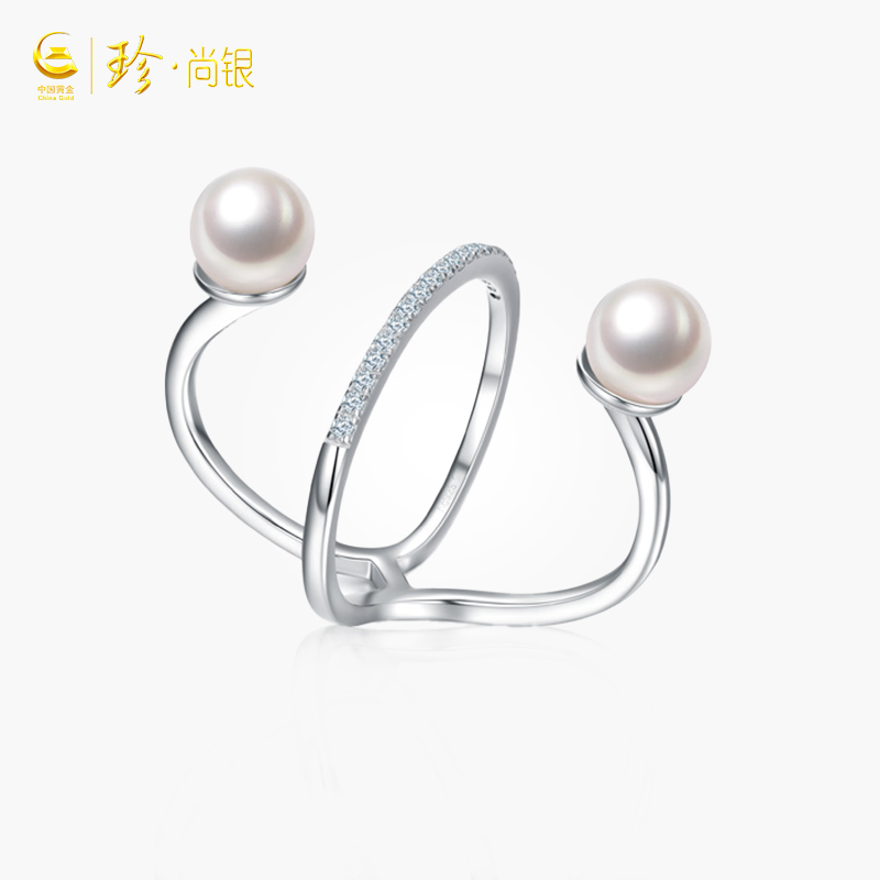 (China Gold) Zhenshang silver round freshwater pearl tail ring niche ring female geometric texture female ring