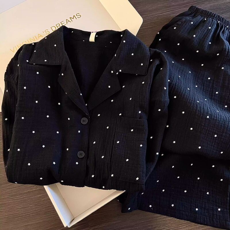 Korean Style 2026 Star Print Pajamas Spring and Autumn Cloud High-End Simple Long-Sleeved Long Pants Loungewear Can Be Worn Outside