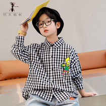 Boy cotton shirt children Spring and Autumn long sleeve 2021 new black and white plaid shirt Tong D829