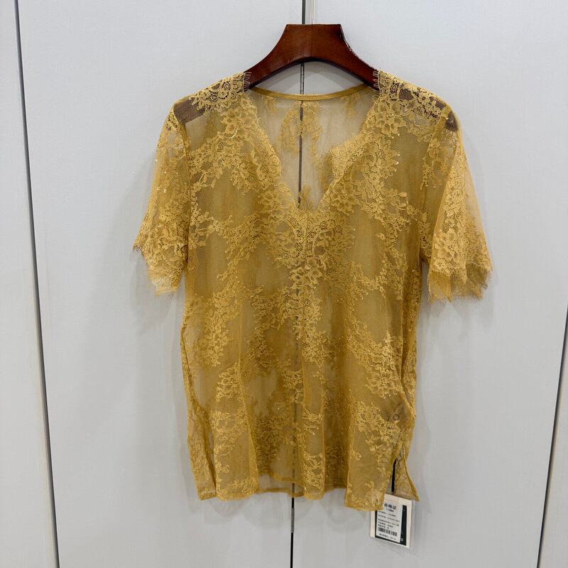 11880 European Station 2026 Spring/Summer Fashion V-Neck Sexy See-Through Lace Short Sleeve Top with Side Slits for Women