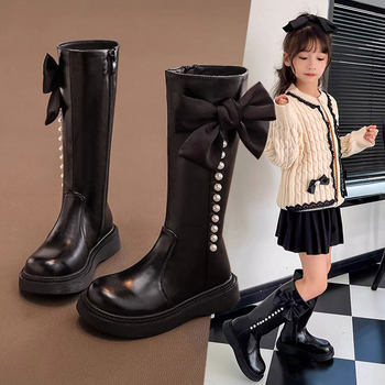 Girls' Long Boots with Fleece Lining, Martin Leather Boots, Popular Autumn and Winter Children's Single Boots, Cotton Shoes with Soft Soles, Princess High Boots