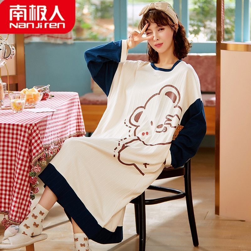 Antarctic cotton nightdress women's spring and autumn long-sleeved Korean version cute student pajamas long version knee-length maternity dress