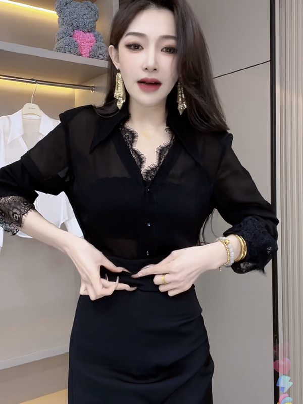 French Style Lace Trim V-Neck Long-Sleeved Thin Shirt for Women 2024 Spring and Summer New Sexy Design Top ins
