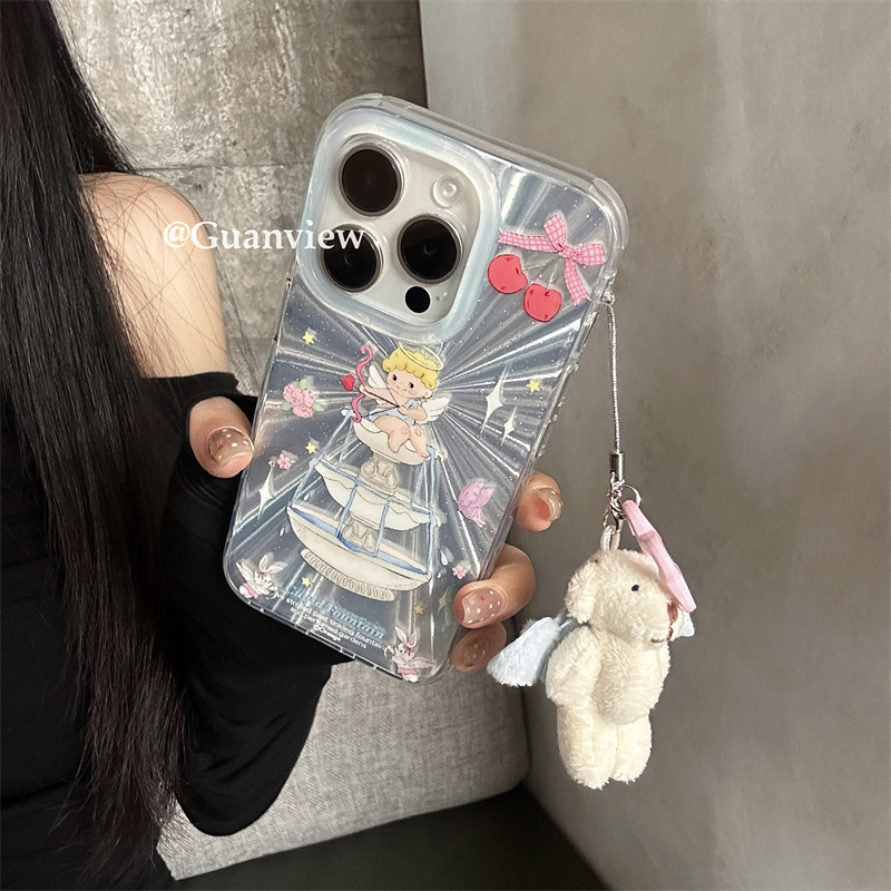 Guanview Cartoon Dreamy Aurora Fountain Angel Phone Case for Apple 17 Pro Max, iPhone 16, Cute Chain, Double Layer Silicone, Soft and Adorable, Drop-Proof Protective Case for Huawei