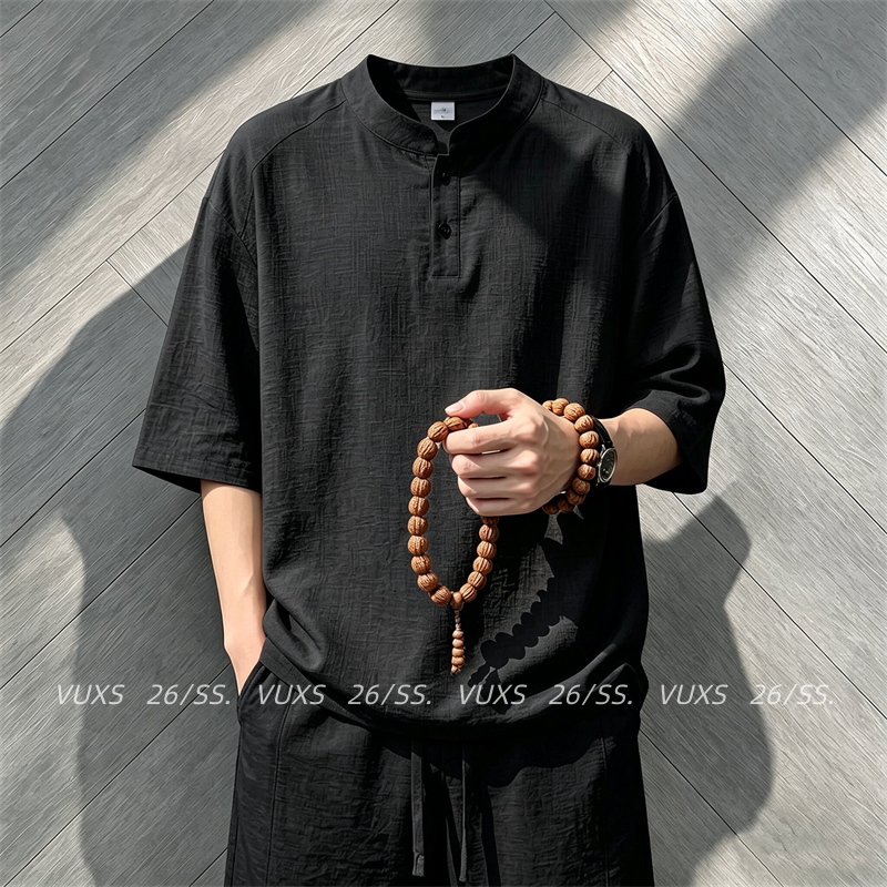 High-End New Chinese-Style Henry Collar Faux Linen Suit for Men, 2026 Summer Lightweight Old Money Style Short-Sleeve Shorts Set