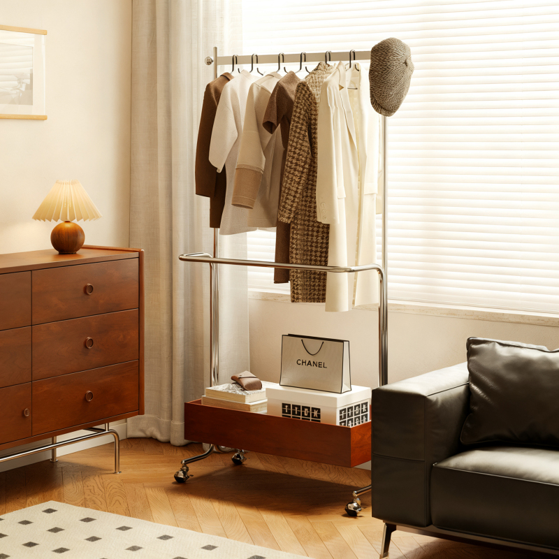 Bauhaus Thickened Stainless Steel Floor-Standing Coat Rack, Movable Storage Rack for Bedroom and Living Room, Simple and Modern for Home Use