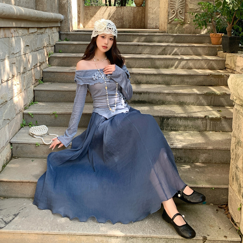 Nola Vina French Dreamy Style One-Shoulder Blue Long-Sleeved Dress with Stereo Flower Decoration and Fairy-Like Dress