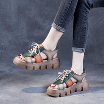 Footbalmy genuine leather retro Roman sandals women 2022 Summer collage thick bottom shoes pine pastry bottom lace sandals