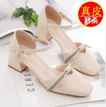 Yercon 100 Hitch Head Leather Girl Sandals 2022 Summer New Middle Heel Lined With Coarse And Fairy Wind Single Shoes